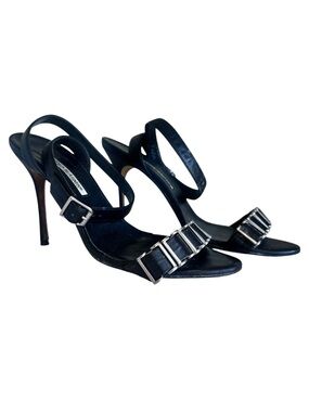 Manolo Blahnik Black Leather Slingback Heels with Silver Buckles